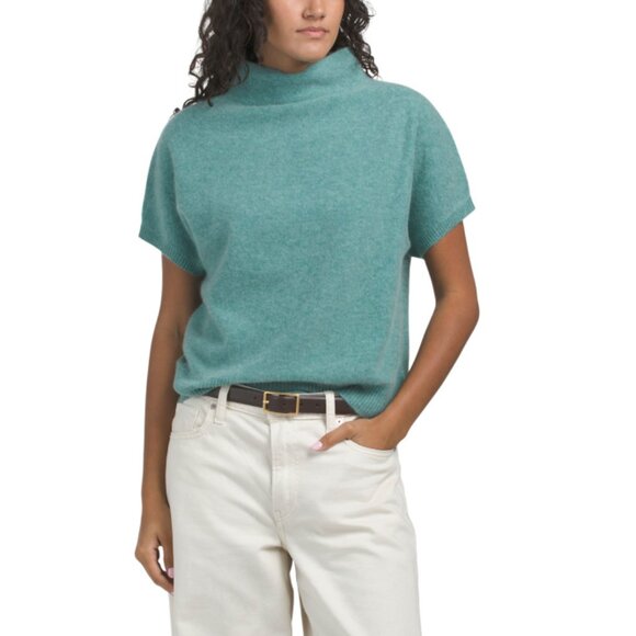 TAHARI Clean Creek Heather Overwashed Cashmere Short Sleeve Funnel Neck Sweater - Picture 1 of 2